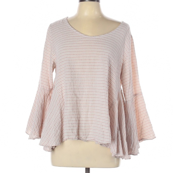 POL Tops - Flowy Boho Bell Sleeve Woven Top Dusty Pink Stripe